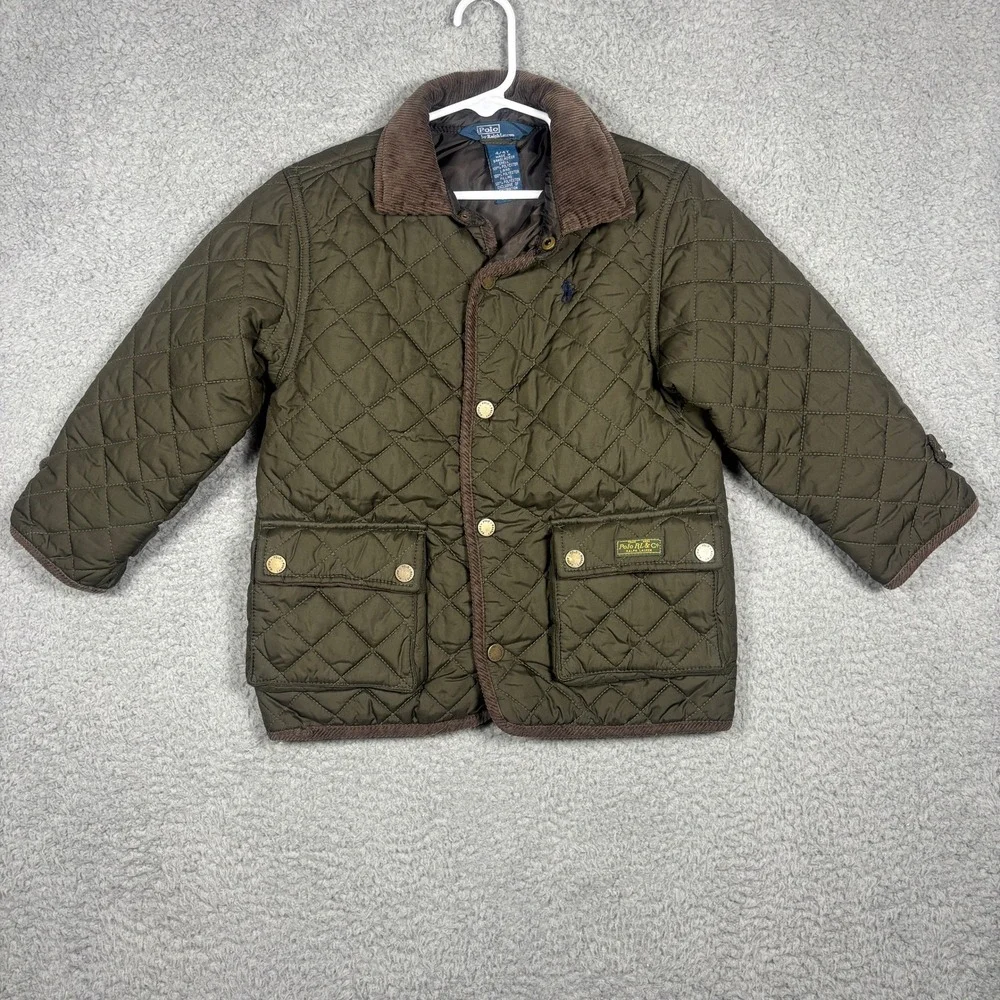 Polo Ralph Lauren Kids Olive Green Quilted Barn Jacket Corduroy Collar 4/4T